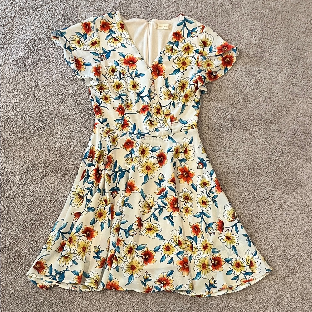 Altar'd State Cream Floral Mini Dress with Orange, Yellow & Blue Blooms